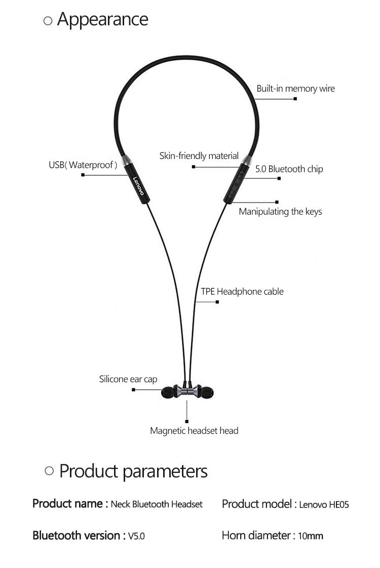 Lenovo HE05 Bluetooth 5.0 Wireless Neckband Sports Headphones